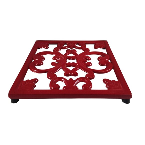 Vintage Red Enamel Cast Iron Trivet With Rubber Feet & Hanging Ring - Picture 1 of 11